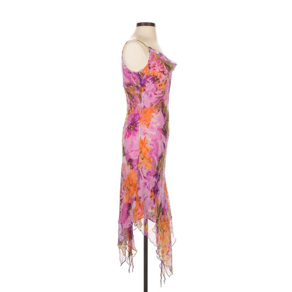 Vintage Cache Silk Fairy Asymmetrical Dress 90s y2k Slip Hi Low Floral Cowl Neck - Picture 4 of 7